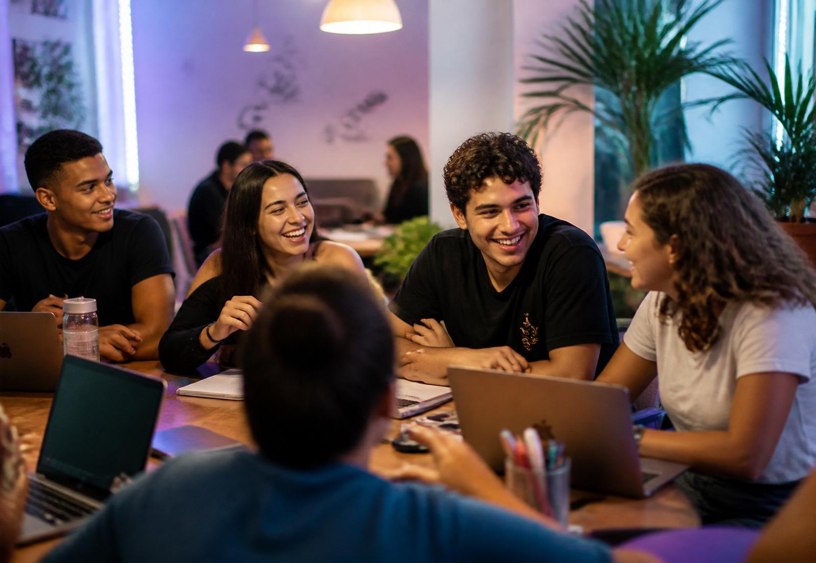 Jovens conversando e trocando ideias em um espaço colaborativo