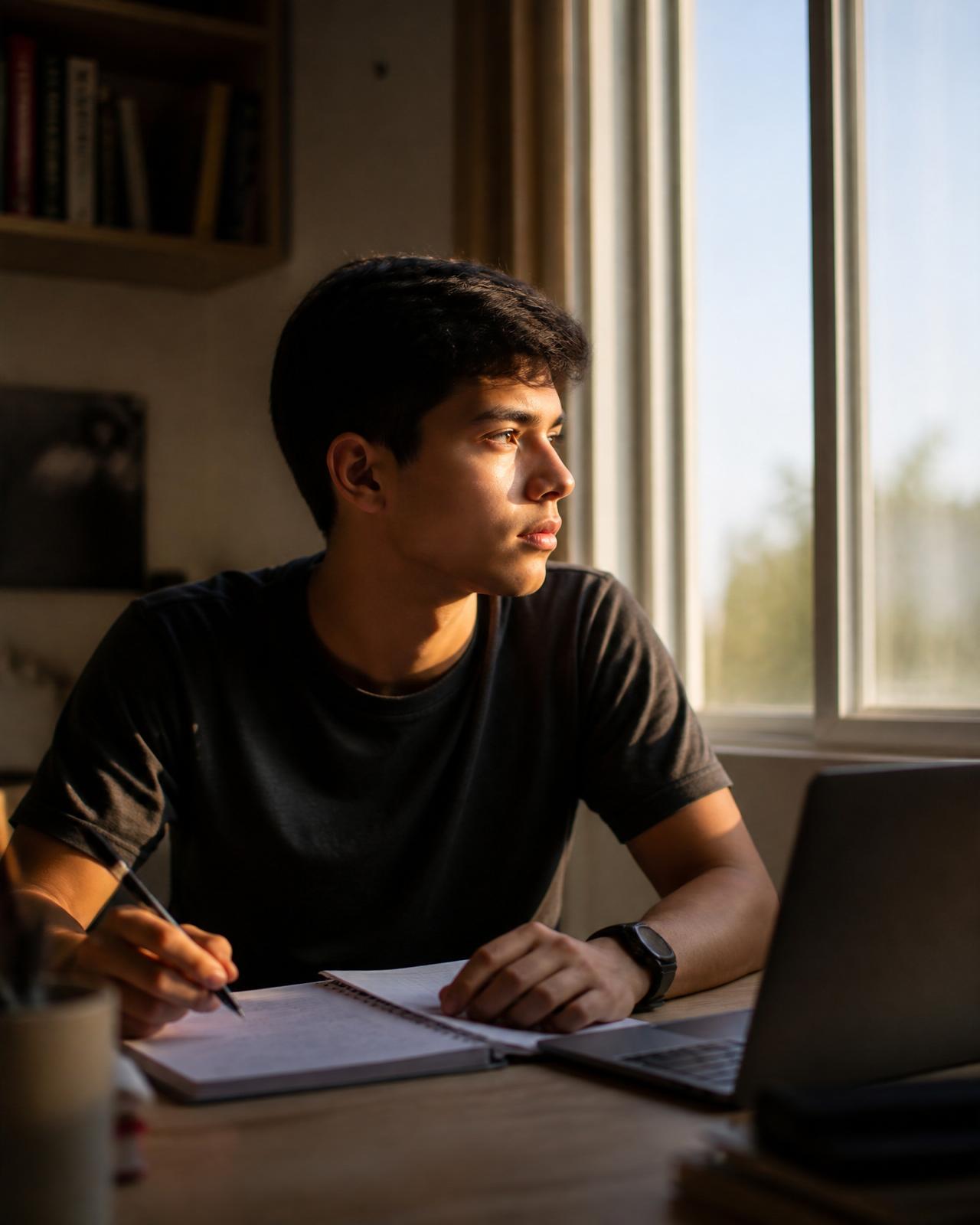 Jovem estudando junto à janela, refletindo sobre o próximo passo