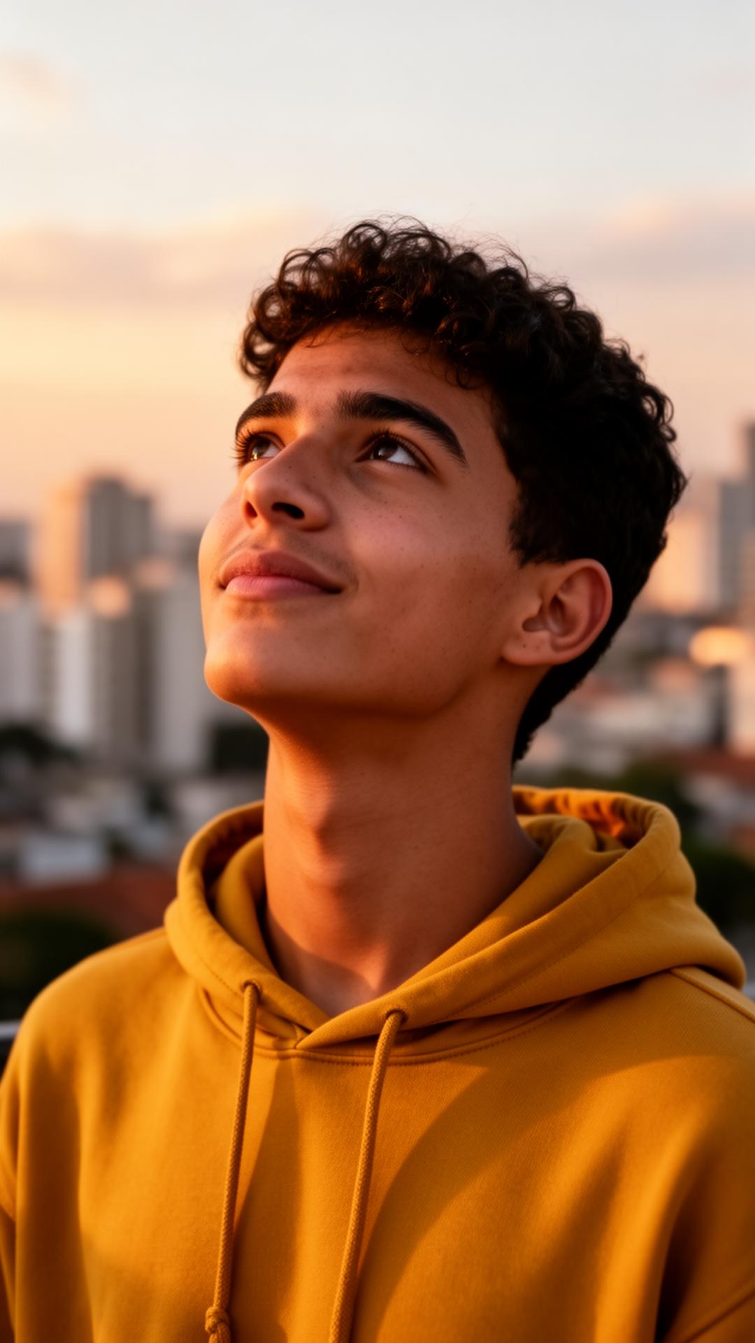 Jovem olhando para o horizonte ao pôr do sol