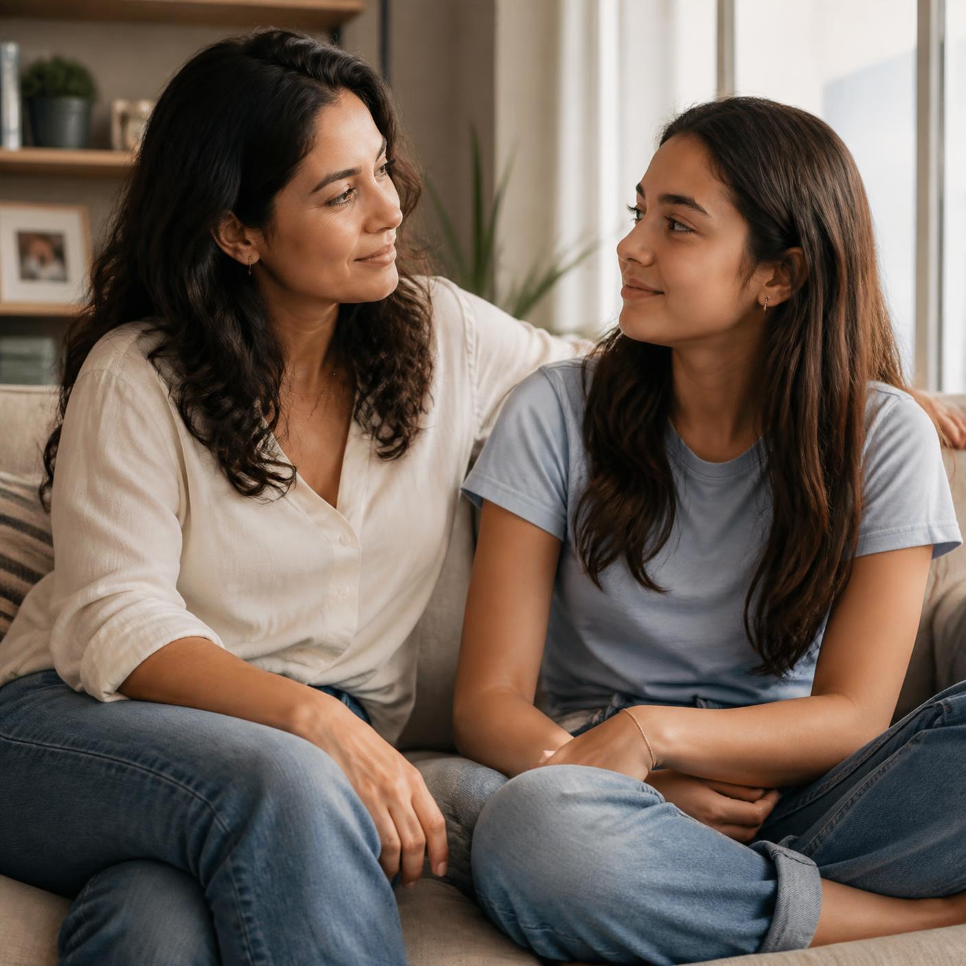 Mãe e filha adolescente conversando no sofá com leveza